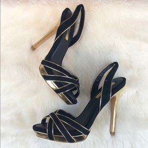 BCBGMAXAZRIA Madelia Black Suede and Gold Sandals